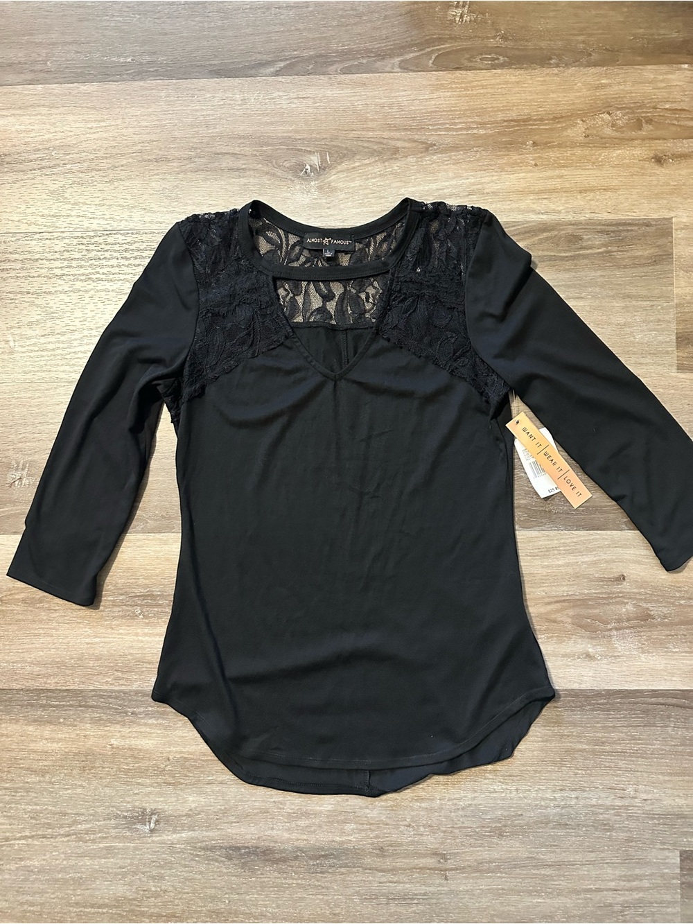 Almost Famous Black Lace 3/4 Sleeve Top – Large – NWT